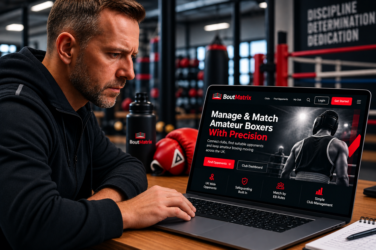 Boxing coach using BoutMatrix from his gym workspace